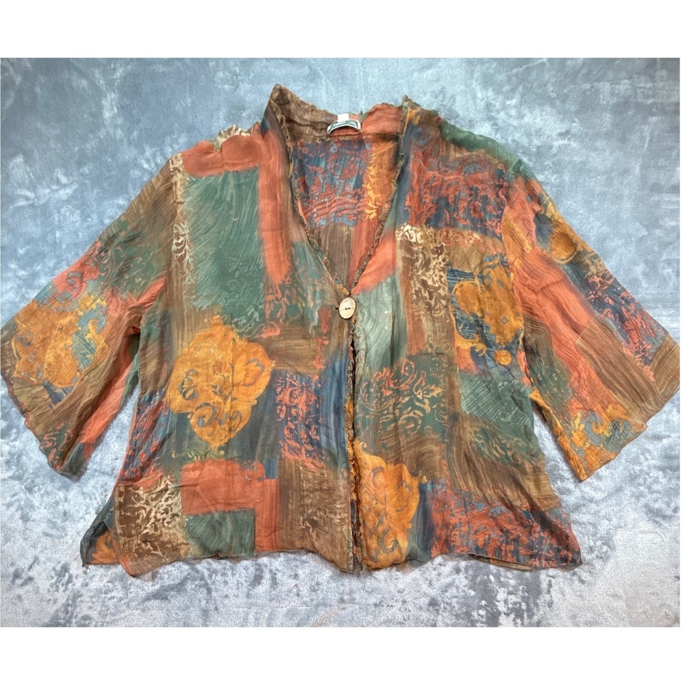 Coldwater Creek 3X Patchwork Sheer Ruffle Cardigan Earth Tone Boho Lagenlook